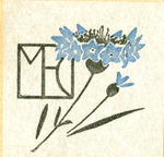 Bookplate of a flower with blue fowers and artist's signature