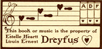 Bookplate of music notes with a bird "Dreyfus" with a heart.