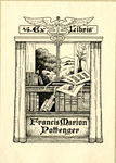 Bookplate of a window with open curtains and books under. Medical symbol on top.