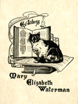 Bookplate of a cat sitting on a book with an open book in the back.
