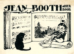 Bookplate of an open music book with a black cat and what looks to be an elf playing the violin