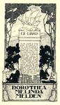 Bookplate of a statue with a sailboat on top and with script