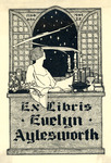 Bookplate of a woman looking behind her out the window into the night stars