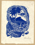 Bookplate of a beach shore with palm trees and an island in the distance