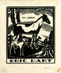 Bookplate of a horse on a farm with two dogs