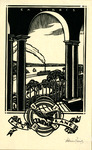 Bookplate of a balcony view looking out at the bay with a big ship