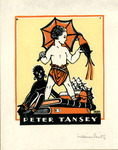 Bookplate of a baby holding an umbrekka and bird standing on books