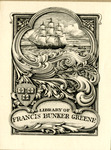 Bookplate of a boat on sea with swirl designs