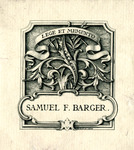Bookplate of a banner and calligraphy like leaves with a solid grey background