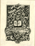 Bookplate of a book surrounded by calligraphic patterns and foliage