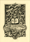 Bookplate of a book surrounded by calligraphic patterns