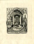 Bookplate of a house front door, books, and two images