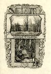 Bookplate of a forest with leafless trees and a creek
