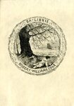 Bookplate of a boy and dog laying under a tree and he is reading a book