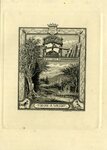 Bookplate of a cabin by a stream and trees