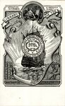 Bookplate of a big ship at sea and a crest