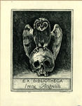 Bookplate of an owl on a human skull