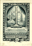 Bookplate of a cross with monuments in the background