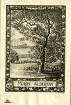 Bookplate of a tree with a sailboat in the background