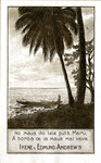 Bookplate of a person on a kayak boat close to the island shore