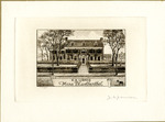 Bookplate of a two story house with a long front door walkway