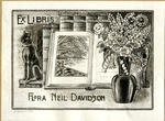 Bookplate of an open book with a nature image, a flower pot in front of the book and a black cat bookend next to the book