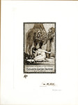 Bookplate of a naked woman kneeling next to a horse and a dressed woman standing next to the horse looking at the other woman