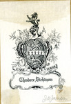 Bookplate of a crest with lions and a knight's helmet