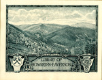 Bookplate of an overlook of the hills filled with trees