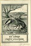 Bookplate of a dog biting a heron bird's beak