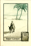 Bookplate of a man reading a book while riding a donkey