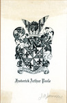 Bookplate of a crest with fleur de lis, a lion's head, and a knight's helmet