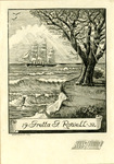 Bookplate of a boat near the shore with grass and one thick tree