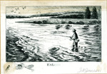 Bookplate of a man standing and fishing in a river