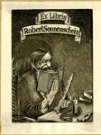 Bookplate of a man reading a book with a feather pen in his hand while sitting at a desk