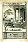 Bookplate of a centaur writing on paper and a woman holding flowers standing on the stairs