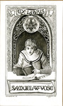 Bookplate of a knight reading a book with a college crest above him