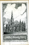 Bookplate of a mansion with tall pointed roofs