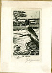 Bookplate of a kingfisher bird standing on a branch above the water