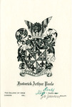 Bookplate of a crest with fleur de lis, a lion's head, and a knight's helmet