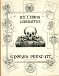 Bookplate of a skull on a book surrounded by loose pages with crests