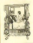 Bookplate of a woman distracted by reading and fairy like creatures as the border