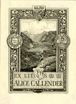 Bookplate of a birds eye view of a valley with people on shore and a long ship on the water