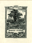 Bookplate of a blossoming park with a bench and trees in the back