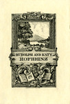 Bookplate of a river, an open book, violin, and calligraphic leaves