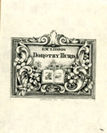 Bookplate of an open book surrounded by calligraphic leaves and flowers