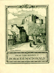 Bookplate of a small town and a big building on top of the hill above