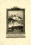 Bookplate of mountains with trees and a river below.