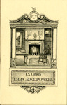 Bookplate of a room with a fireplace, desk, and an empty chair