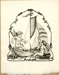 Bookplate of two angel babies playing on a sailboat